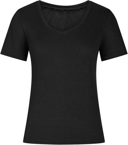 Women Short Sleeve V Neck Ribbed Knit Fitted Shirts Basic Tees Tops 2025 Summer Casual T-Shirts Going Out Outfits in Saudi Arabia