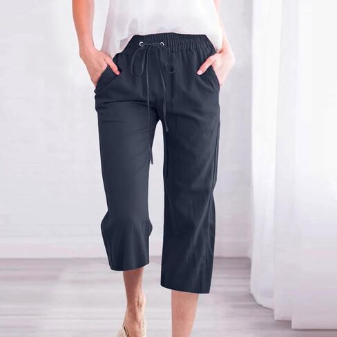 Cotton Linen Capri Pants for Women Summer High Waist Wide Leg Casual Loose Lightweight Drawstring Comfy Cropped Pants in Kuwait
