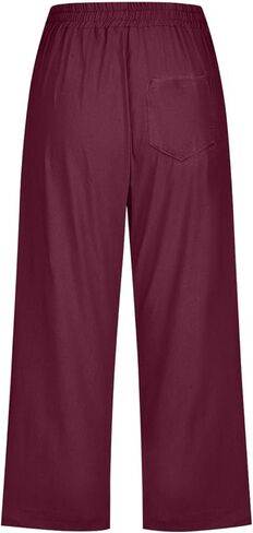 Cotton Linen Capri Pants for Women Summer High Waist Wide Leg Casual Loose Lightweight Drawstring Comfy Cropped Pants in Kuwait