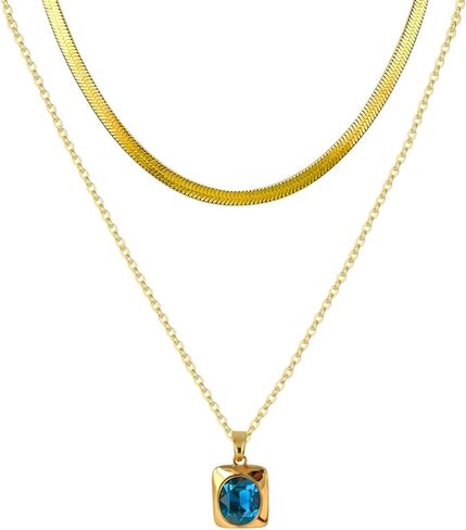 YONVUN Trendy Separate Layered Choker Pendant Necklace | 18k Gold Plated Snake Herringbone Flat Stackable Chain Rectangle Gemstone Crystal Zircon Necklace | Preppy Dainty Jewelry Set Gift in Saudi Arabia