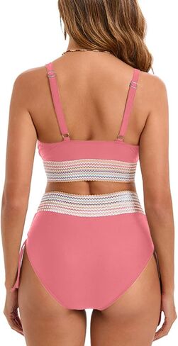 maisdgop High Waisted Bikini Sets for Women V Neck Tummy Control Swimsuits Comfy Soft Color Block Two Piece Bathing Suit in Saudi Arabia