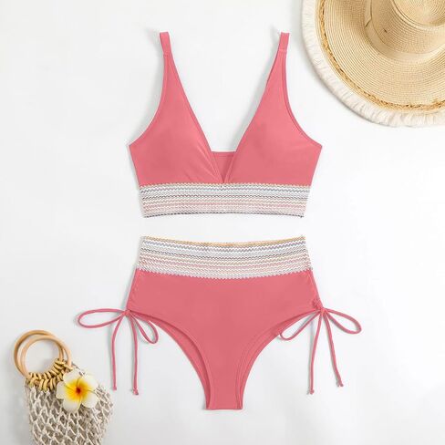 maisdgop High Waisted Bikini Sets for Women V Neck Tummy Control Swimsuits Comfy Soft Color Block Two Piece Bathing Suit in Saudi Arabia