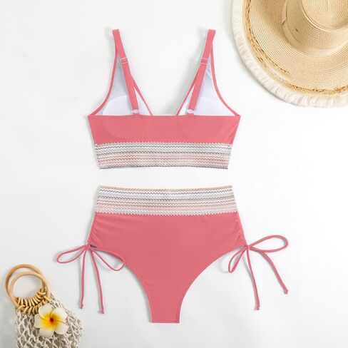 maisdgop High Waisted Bikini Sets for Women V Neck Tummy Control Swimsuits Comfy Soft Color Block Two Piece Bathing Suit in Saudi Arabia