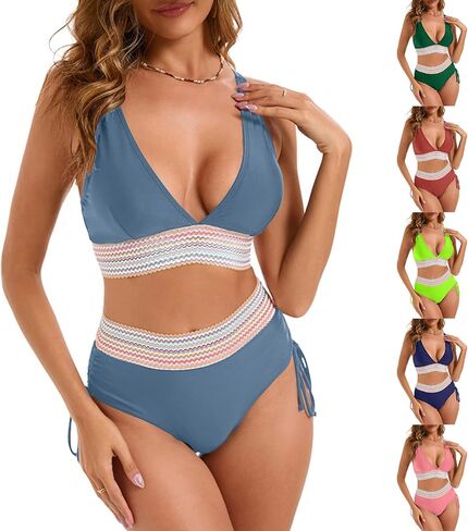 maisdgop High Waisted Bikini Sets for Women V Neck Tummy Control Swimsuits Comfy Soft Color Block Two Piece Bathing Suit in Saudi Arabia