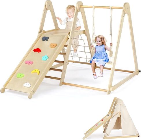 Joymor 5-in-1 Pikler Trianger Climber Arch Rocker مع طاولة حسية وسادة مصممة للأطفال ، ألعاب Montessori Wooden Climbing للأطفال الصغار في الداخل مع حوض التخزين القابل للطي والأسود in Kuwait