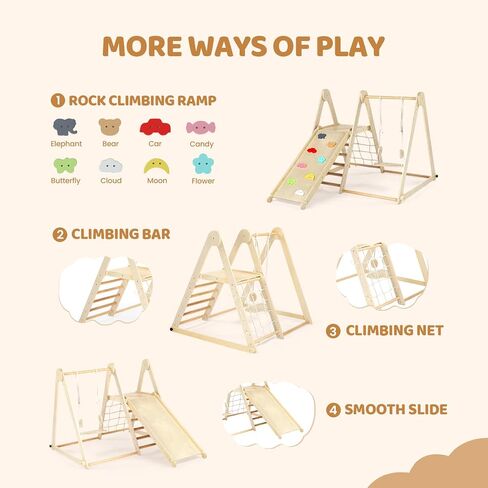 Joymor 5-in-1 Pikler Trianger Climber Arch Rocker مع طاولة حسية وسادة مصممة للأطفال ، ألعاب Montessori Wooden Climbing للأطفال الصغار في الداخل مع حوض التخزين القابل للطي والأسود in Kuwait