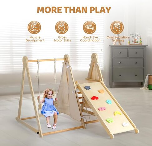 Joymor 5-in-1 Pikler Trianger Climber Arch Rocker مع طاولة حسية وسادة مصممة للأطفال ، ألعاب Montessori Wooden Climbing للأطفال الصغار في الداخل مع حوض التخزين القابل للطي والأسود in Kuwait
