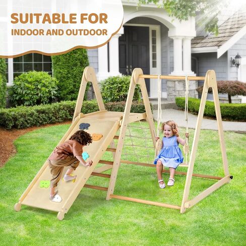Joymor 5-in-1 Pikler Trianger Climber Arch Rocker مع طاولة حسية وسادة مصممة للأطفال ، ألعاب Montessori Wooden Climbing للأطفال الصغار في الداخل مع حوض التخزين القابل للطي والأسود in Kuwait