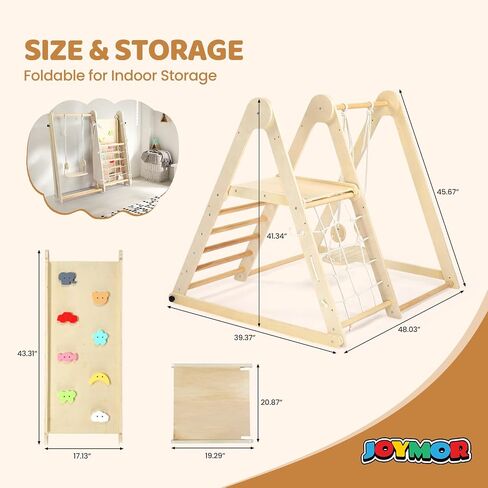 Joymor 5-in-1 Pikler Trianger Climber Arch Rocker مع طاولة حسية وسادة مصممة للأطفال ، ألعاب Montessori Wooden Climbing للأطفال الصغار في الداخل مع حوض التخزين القابل للطي والأسود in Kuwait