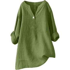Women's Shirts Button V Neck Linen Shirts Roll Up Sleeve Gauze Tops Summer Vacation 2025 Boho Blouse Casual, S-2XL