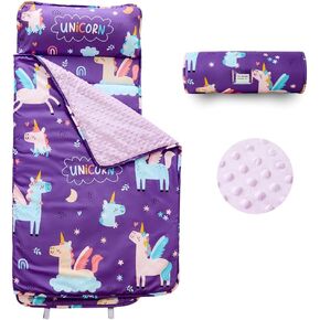 Toddler Nap Mat with Removable Pillow and Plush Blanket, Roll Up Napping Mats for Kids Ages 3-6 Years, Kid Sleeping Bag for Preschool Daycare Travel Camping, 53" x 23"