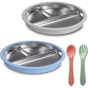 Stainless Steel Toddler Plate with Suction, 9" Divided Plates with Removable Silicone Sleeves for Kids, Non Toxic & BPA Free | Non Slip | Unbreakable Baby Snack Dishes Set of 2, Green & Orange