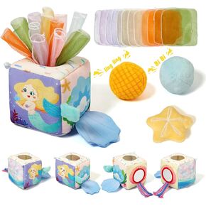 لعبة Youuys Baby Box Toy للأطفال من 6 إلى 12 شهرًا - Montessori Sensory Cube Toys مع 3 كرات محكم و 12 أحواض حريرية - هدية مثالية للفتيات الصغيرات الذين تتراوح أعمارهم بين 6 12 شهرًا (موضوع حورية البحر)