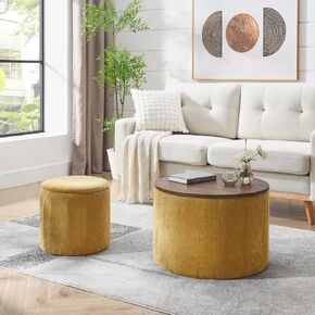 2-Piece Set Round Chenille Storage Ottoman, Equipped with a Drum Shaped Small Stool, Storage Space, and MDF Made Desktop Panel (Dark Green23.62"x23.62"x16.53")