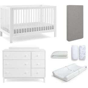 Delta Children Gap babygap Charlie Crib 7-Piece Baby Nursery Furniture Set-Includes: Convertible Crib, 6 Drawer Dresser, Changing Top, Crib Mattress, Mattress Pad, Sheets, Changing Pad, Bianca White