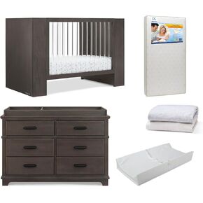 Delta Children Aerin Crib 6-Piece Baby Nursery Furniture Set–Includes: Convertible Crib, 6 Drawer Dresser, Changing Top, Crib Mattress, Sheets & Changing Pad, Rustic Grey