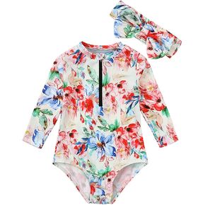 Toddler Girl's Quick-Drying Swimsuit Long Sleeve Floral Print Beachwear Headband Set Breathable Swimsuits Summer