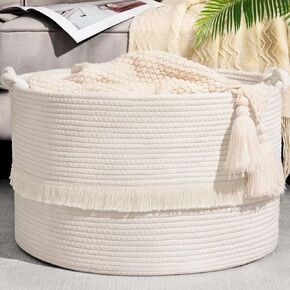 Large Blanket Basket, 20"x13" Woven Storage Baskets With Handle, Cotton Rope Blanket Basket Living Room, Baby Laundry hamper for Blanket, Nursery, Toy, Pillow (White & Brown)