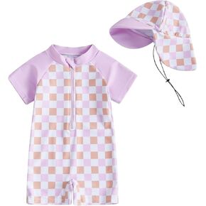 Toddler Baby Girls Swimsuit Short Sleeve Plaid Print Rash Guard Swimwear with Hat Zipper Bathing Suits Beach Sunsuit