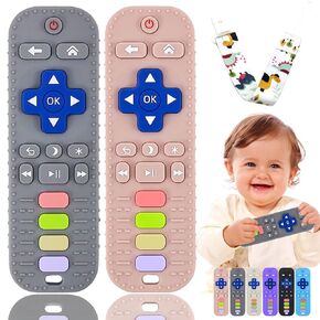 2 Pack Remote Teether for Toddlers, Silicone Teething Toys for 6-12 Months, Remote Control Shape Baby Teethers - Chew Toys Gift (Gray+Pink)