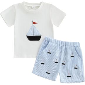 Gueuusu Toddler Baby Boy Outfit Sailboat Sailboat Embroidery Shirt Shirt Shirt Shirt Shirt مخططة in Kuwait