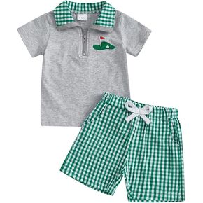 Gueuusu Toddler Baby Boy Golf Outfit Hole in One/Golf Cart Embroidery Quarter Zip Collared Shirt Plaid Shorts Set Clothes