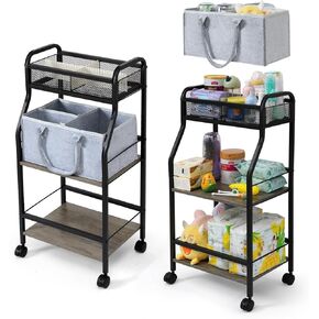 Baby Cart Organizer 3-Tier Rolling Diaper Cart Diaper Baby Caddy Organizer with Removable Dividers Large Capacity, Easy to Assemble, Storage for Bedroom, Changing Table & Crib