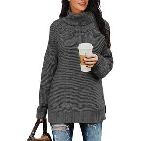 PrinStory Women's Sweater Turtle Neck Chunky Knit Pullover Sweaters Casual Long Sleeve Tops with Side Slit