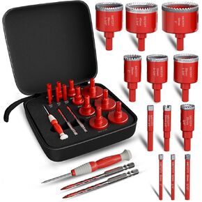 Diamond Hole Saw Drill Bit Set (15 PCS) (1/4"-2") Serrated Diamond Core Bits for Ceramic, Glass, Tile, Marble, Granite | EVA Positioner & Hard Storage Bag | Dry/Wet Dual-Use | High-Precision Drilling