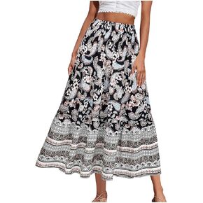 Boho Floral Pleated Long Skirts for Women Summer Casual Elastic High Waisted Skirts A-Line Flowy Swing Maxi Skirt
