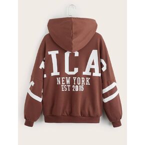 Women's Sweatshirt Sweatshirts Hoodies Letter Graphic Drop Shoulder Zip Up Sweatshirt Warmth Beautiful Lovely Fashionable (Color : Coffee Brown, Size : Small)