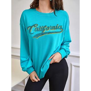 Women's Sweatshirt Sweatshirts Hoodies Letter Graphic Drop Shoulder Sweatshirt Warmth Beautiful Lovely Fashionable (Color : Blue, Size : Large)