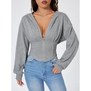 Women's Sweatshirt Sweatshirts Hoodies Lantern Sleeve Zipper Up Hooded Sweatshirt Warmth Beautiful Lovely Fashionable (Color : Gray, Size : Medium)