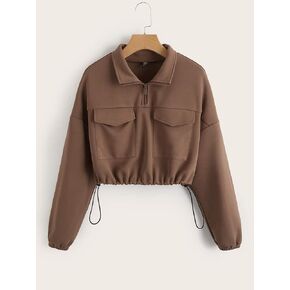 Women's Sweatshirt Sweatshirts Hoodies Drop Shoulder Flap Pocket Crop Sweatshirt Warmth Beautiful Lovely Fashionable (Color : Coffee Brown, Size : X-Small)