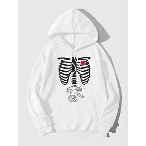 Women's Sweatshirt Sweatshirts Hoodies Heart & Skeleton Print Kangaroo Pocket Drawstring Hoodie Warmth Beautiful Lovely Fashionable (Color : White, Size : Large)