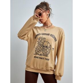 Women's Sweatshirt Sweatshirts Hoodies Skeleton and Letter Graphic Sweatshirt Warmth Beautiful Lovely Fashionable (Color : Camel, Size : Large)
