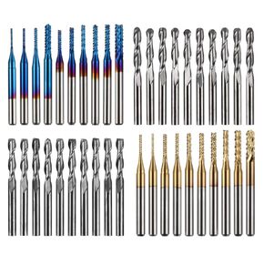40pcs End Mills CNC Router Bits, 1/8" Shank CNC Cutter Milling Carving Bit Set Including 2-Flute Flat Nose & Ball Nose, Nano Blue Coat & Titanium Coat, 2 Collets Included