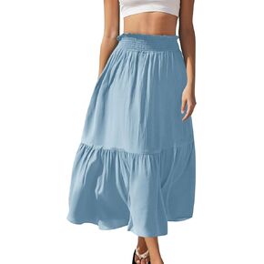Pleated Long Skirts for Women Summer Casual Beach Vacation Elastic High Waisted Skirts A-Line Flowy Swing Maxi Skirt