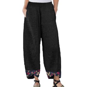 Maiyifu-GJ Women's Printed Linen Wide Leg Pants Summer Elastic Waist Beach Harem Trousers Lightweight Cropped Bottoms Pants