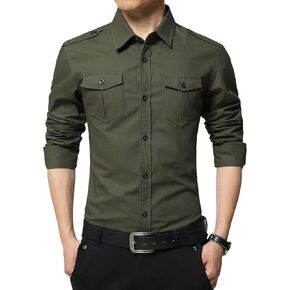 Men's Long Sleeve Button Down Shirts Turn-Down Collar Slim Fit Shirt Stylish Business Tactical Shirts with Pockets