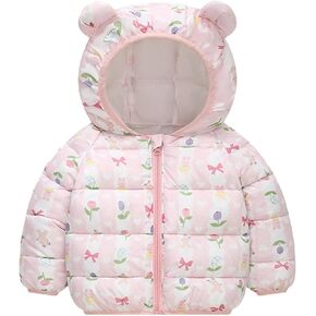 Toddler Strawberry Printing Down Coat Hooded Bear Ear Cute Zipper Girls Padded Jacket Lightweight Outerwear Winter
