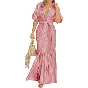 ebossy Women's 2025 Boho Striped Shirt Dress Button Up Ruffled Mermaid Fishtail Maxi Dress with Pocket