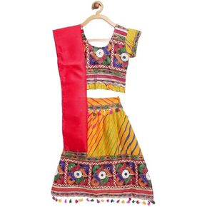 فستان BowBee Kids Navratri قطن Lehnga Choli العرقي الهندي التقليدي فستان Radha طباعة Leheriya للفتيات الصغيرات