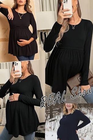 Ekouaer Maternity Shirts 3 Packs Pleated Long Sleeve Tops Tunic Casual Pregnancy Clothes in Kuwait
