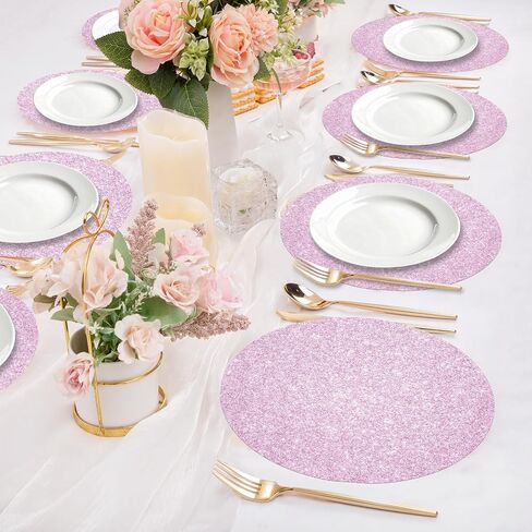 50 pcs pink paper collabates قابلة للتصرف ، حصيرة الورق الوردي الوردي بريق ، 13.5 بوصة مستديرة الفارق ، لعيد ميلاد حفل زفاف حفلة الطعام المنزل in Kuwait