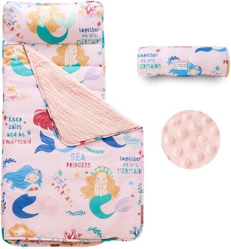 Toddler Nap Mat with Removable Pillow and Plush Blanket, Roll Up Napping Mats for Kids Ages 3-6 Years, Kid Sleeping Bag for Preschool Daycare Travel Camping, 53" x 23" in Saudi Arabia