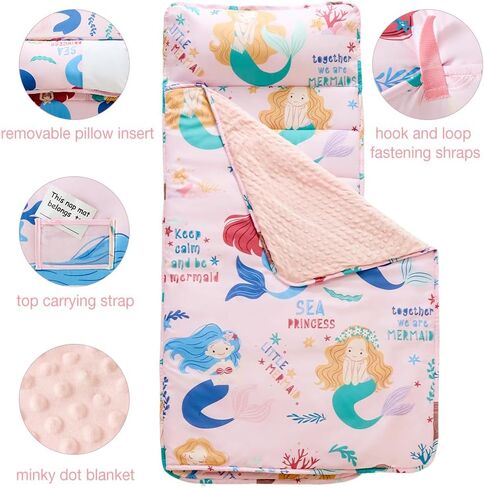 Toddler Nap Mat with Removable Pillow and Plush Blanket, Roll Up Napping Mats for Kids Ages 3-6 Years, Kid Sleeping Bag for Preschool Daycare Travel Camping, 53" x 23" in Saudi Arabia