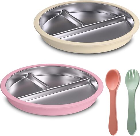 Stainless Steel Toddler Plate with Suction, 9" Divided Plates with Removable Silicone Sleeves for Kids, Non Toxic & BPA Free | Non Slip | Unbreakable Baby Snack Dishes Set of 2, Green & Orange in Saudi Arabia