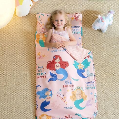 Toddler Nap Mat with Removable Pillow and Plush Blanket, Roll Up Napping Mats for Kids Ages 3-6 Years, Kid Sleeping Bag for Preschool Daycare Travel Camping, 53" x 23" in Saudi Arabia