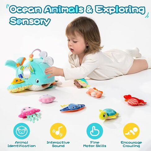 Koty Baby Toys 6-12 Months, Montessori Sensory Toys,My First Ocean Whale House Toy with 6 Sea Animals | Bell Shell, Squeaky Seahorse & Crinkle Paper | Baby Gift in Kuwait